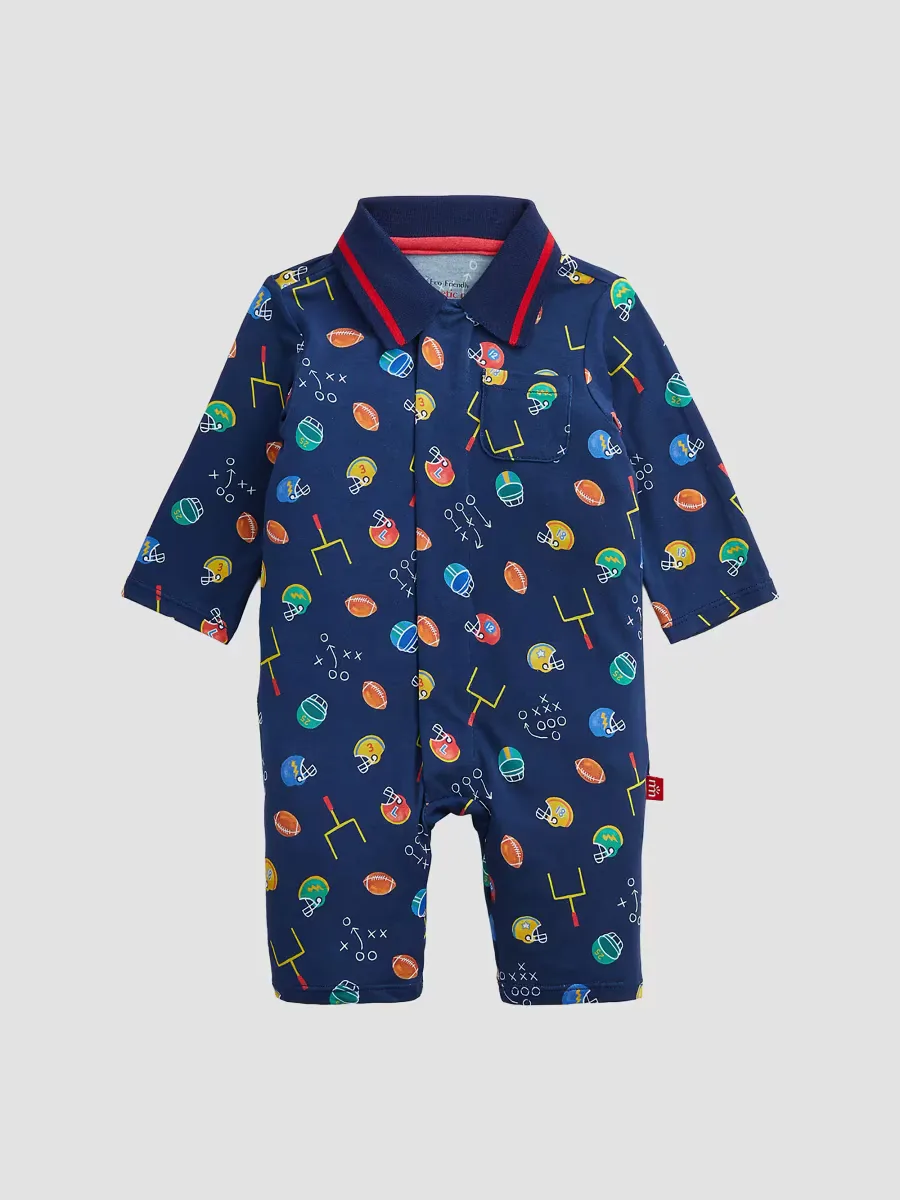 First Down Fun Football-Print Polo Romper by Magnetic Me