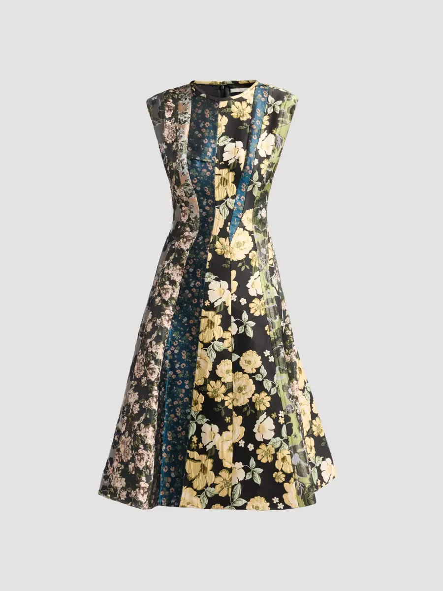 Mixed Floral Jacquard Paneled Midi Dress