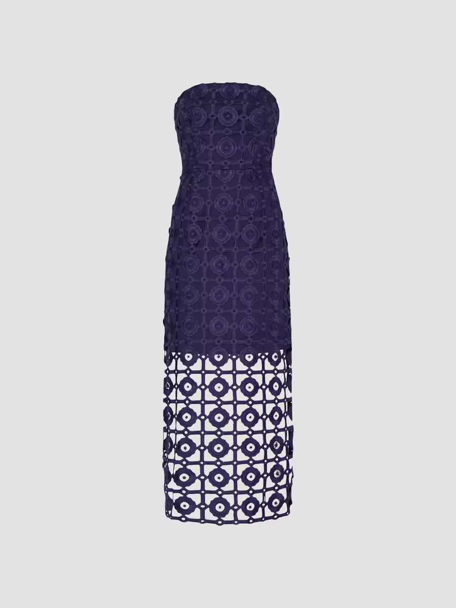 Kait Strapless Tiled Lace Midi-Dress by Milly