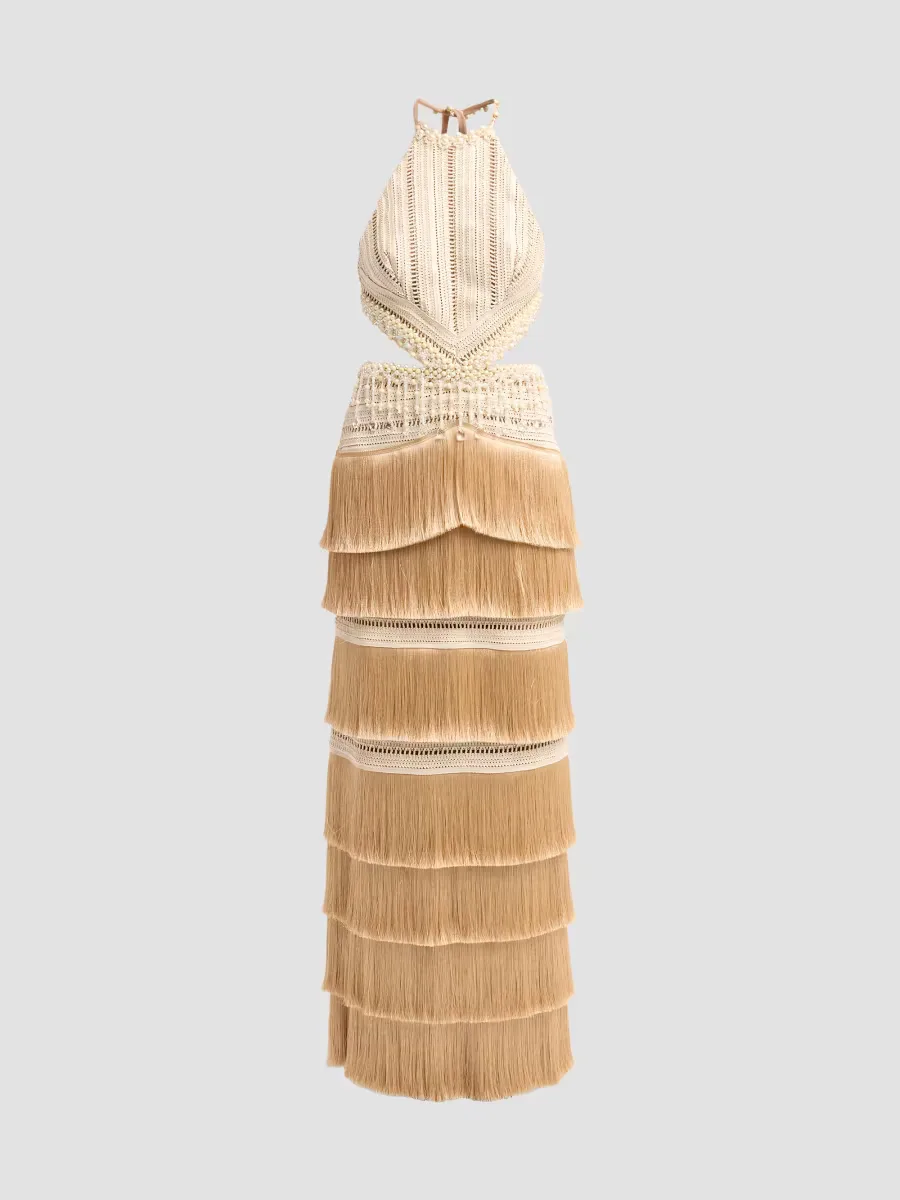 Crochet Petal-Fringe Halterneck Maxi Dress