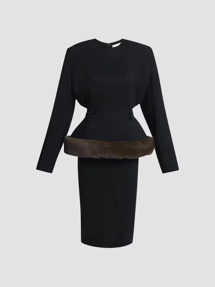 Faux Fur-Trimmed Peplum Midi Dress by Stella McCartney