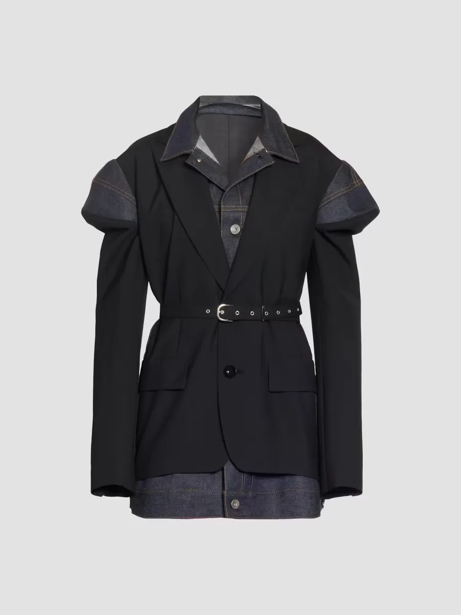 Suiting x Denim Belted Blazer by Sacai