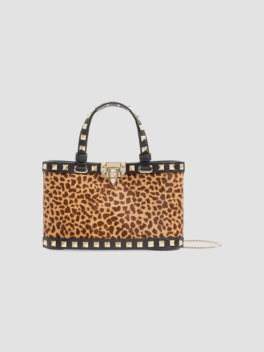 Mini Rockstud Shopping Bag in Pony-Effect Calfskin with Animal Print by Valentino