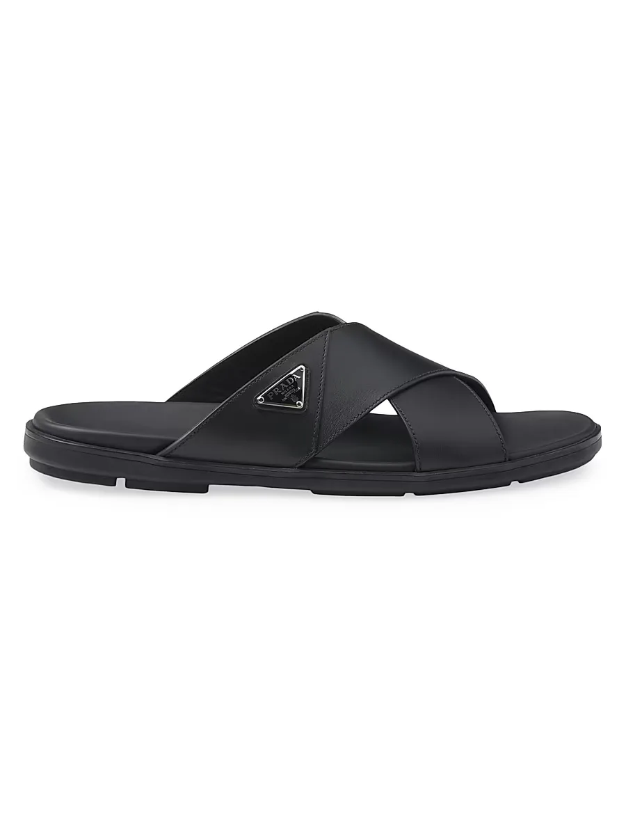 Leather Crisscross Slides by Prada