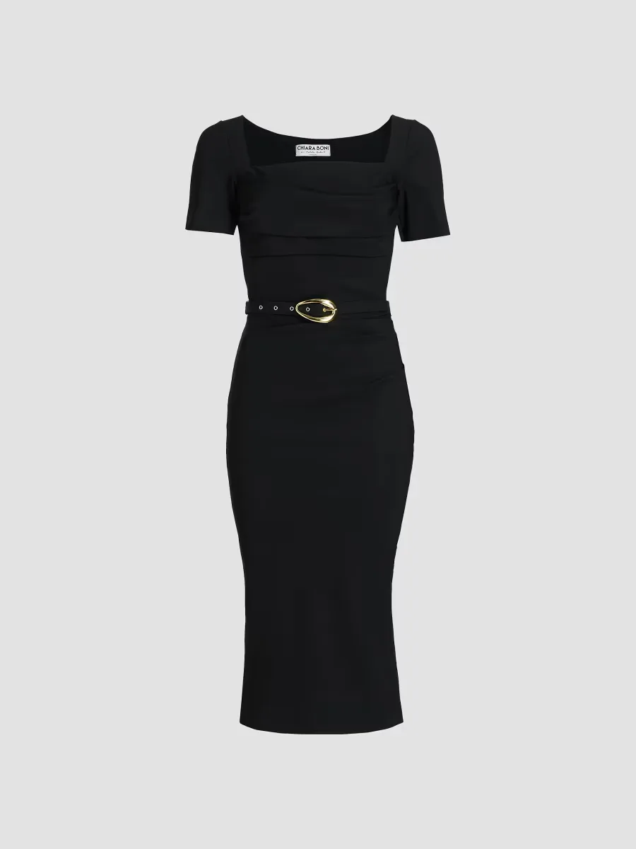 Bahir Square Neck Belted Midi-Dress by Chiara Boni La Petite Robe