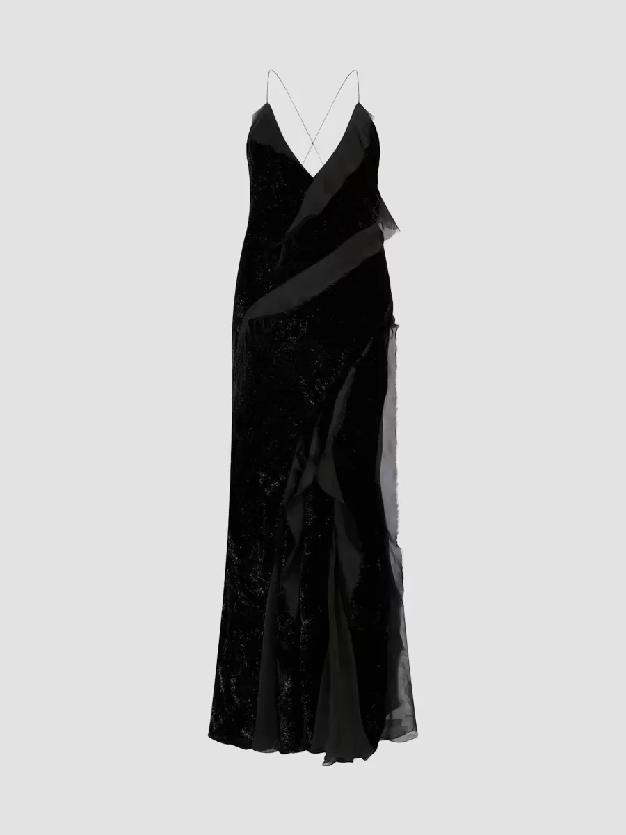 Ruffle Open Crisscross Back Gown by Roberto Cavalli
