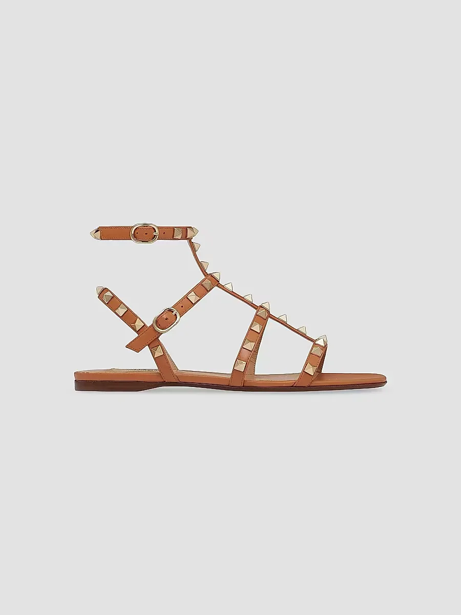 Rockstud Flat Calfskin Sandals with Straps by Valentino