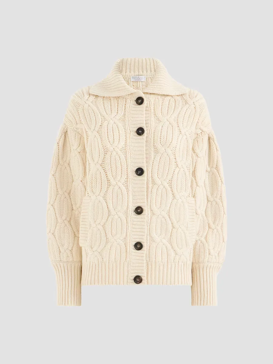 Cashmere Feather Yarn Heritage Cable Cardigan by Brunello Cucinelli