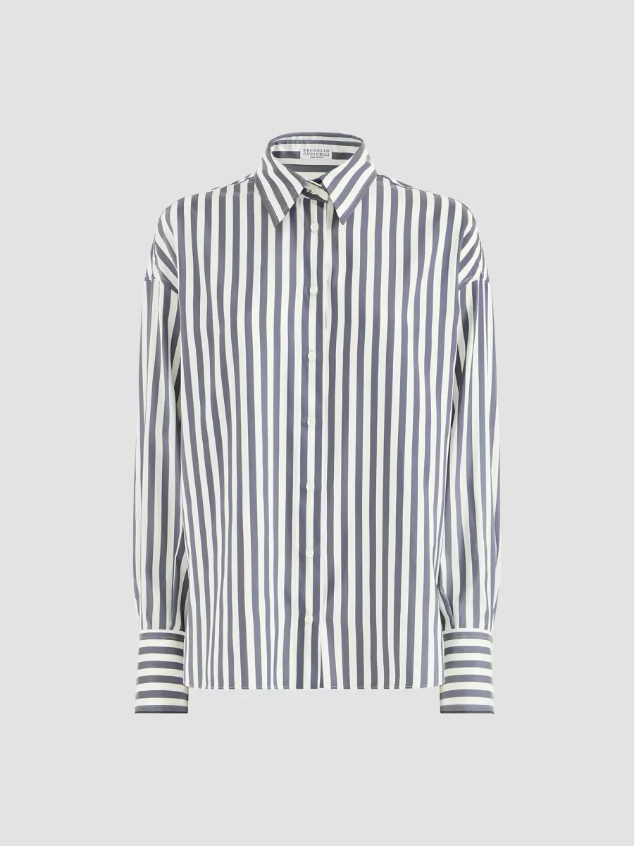 Wide Stripe Silk Poplin Shirt - Denim