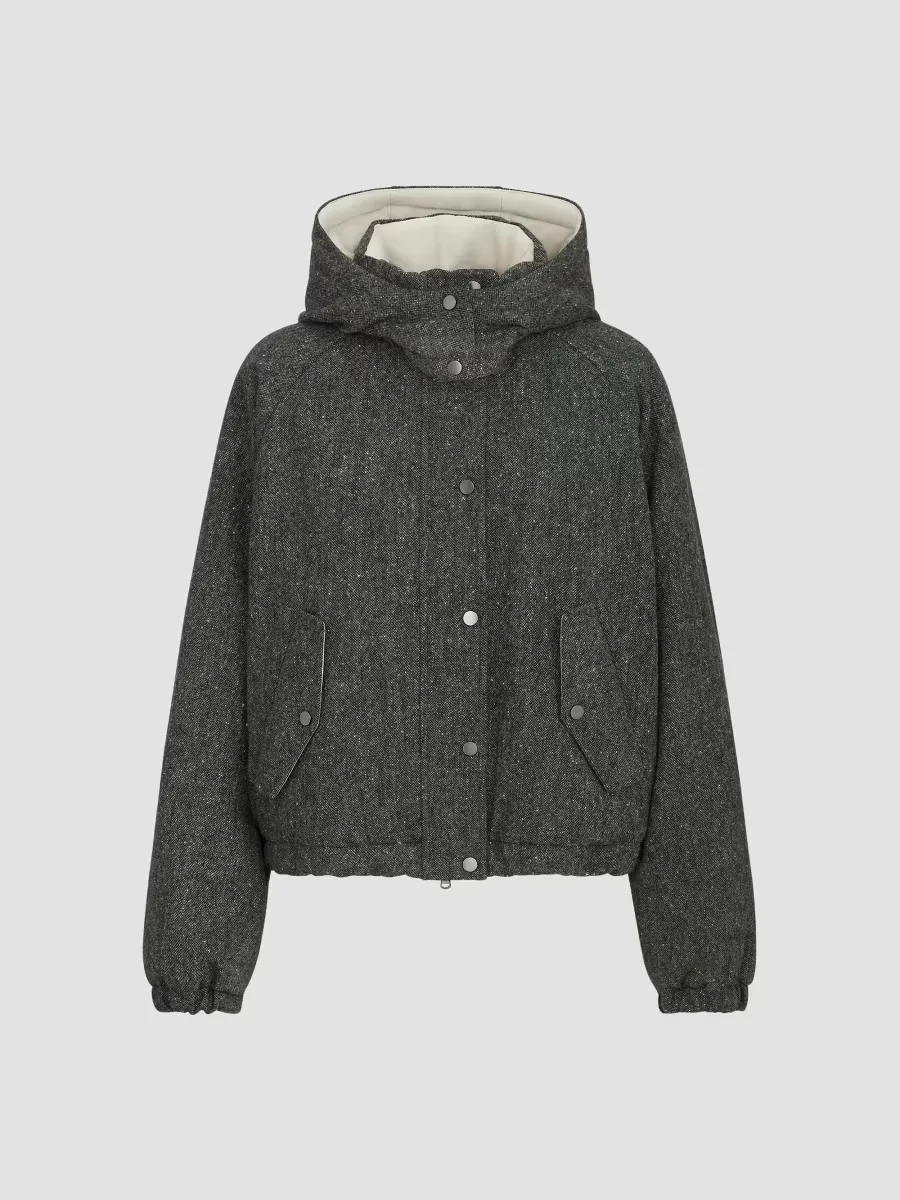 Virgin Wool Donegal Down Jacket with Detachable Hood and Shiny Zipper Pull by Brunello Cucinelli