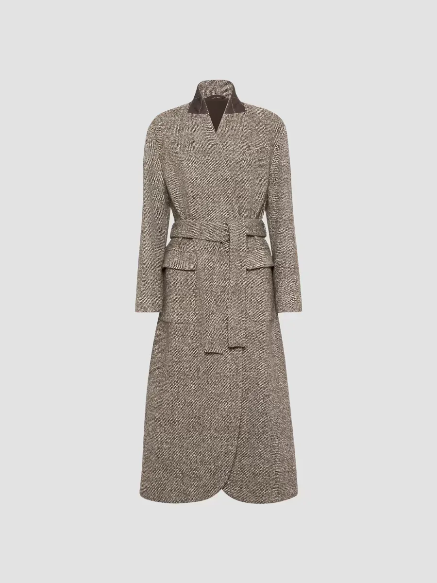 Virgin Wool and Silk Mlange Diagonal Belted Coat by Brunello Cucinelli