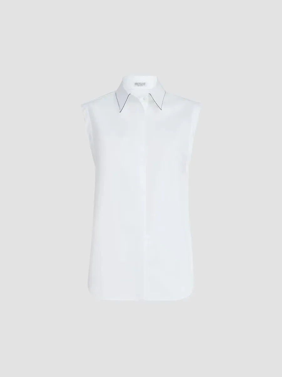 Stretch Cotton Poplin Sleeveless Shirt by Brunello Cucinelli