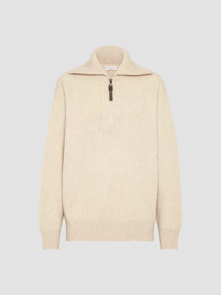 Cashmere English Rib Sweater with Shiny Zipper Pull by Brunello Cucinelli