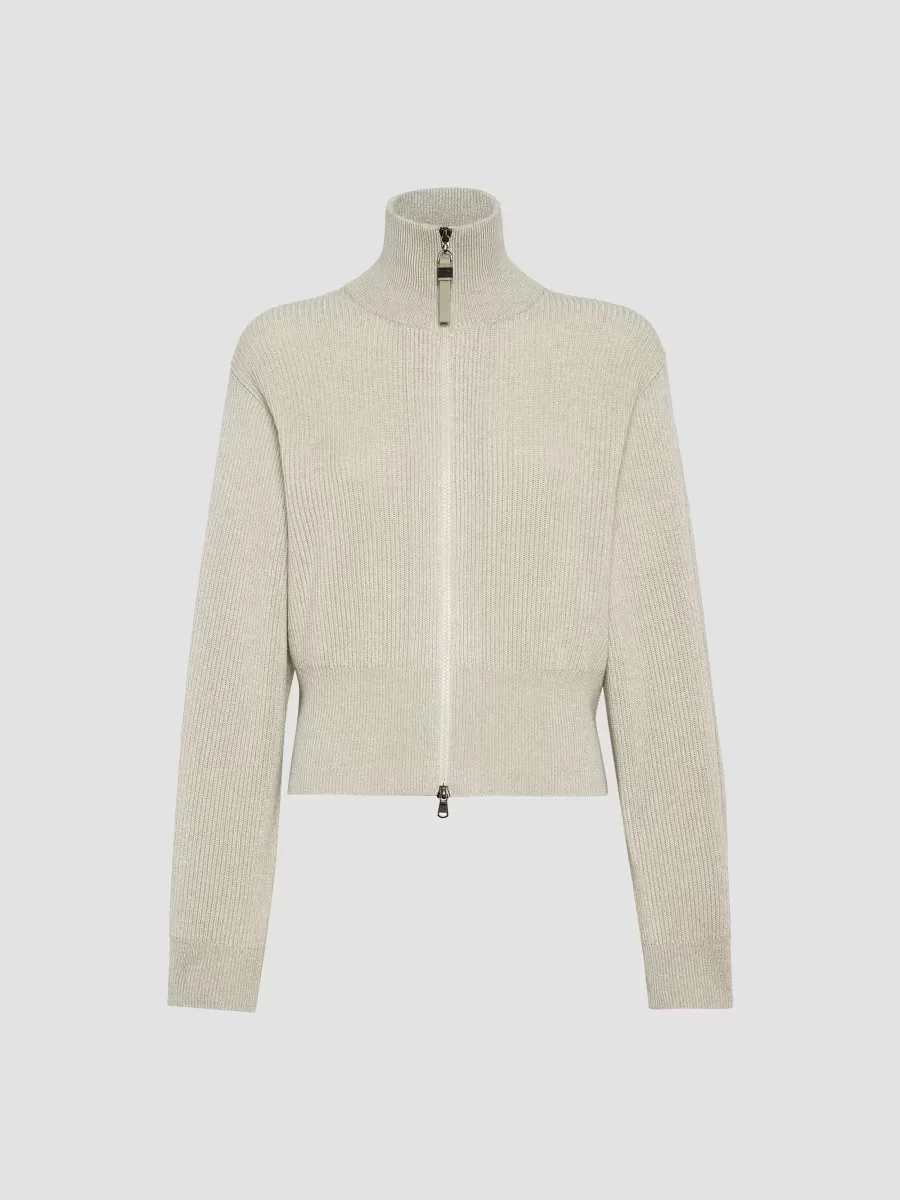 Sparkling Cashmere English Rib Cardigan with Shiny Zipper Pull by Brunello Cucinelli