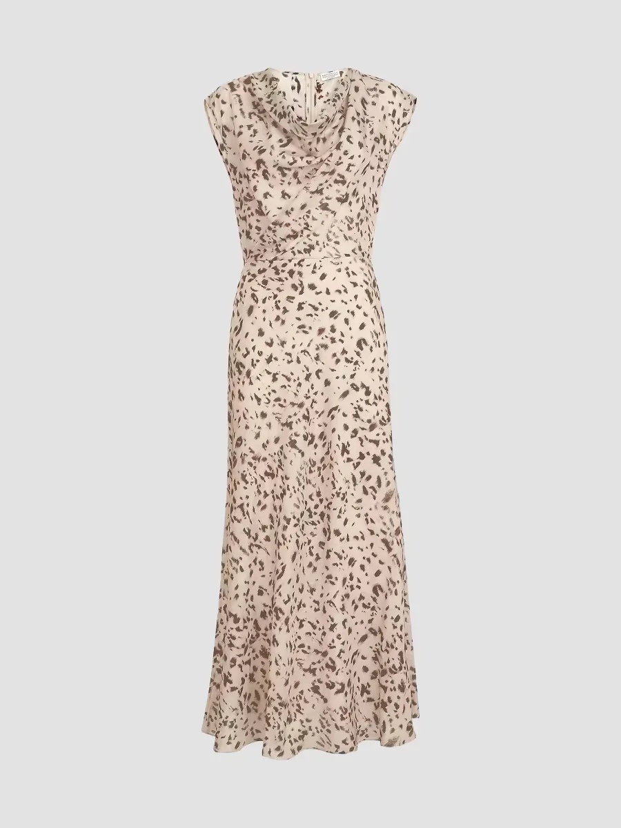 Lynx Print Silk Pongee Draped Dress with Monili by Brunello Cucinelli