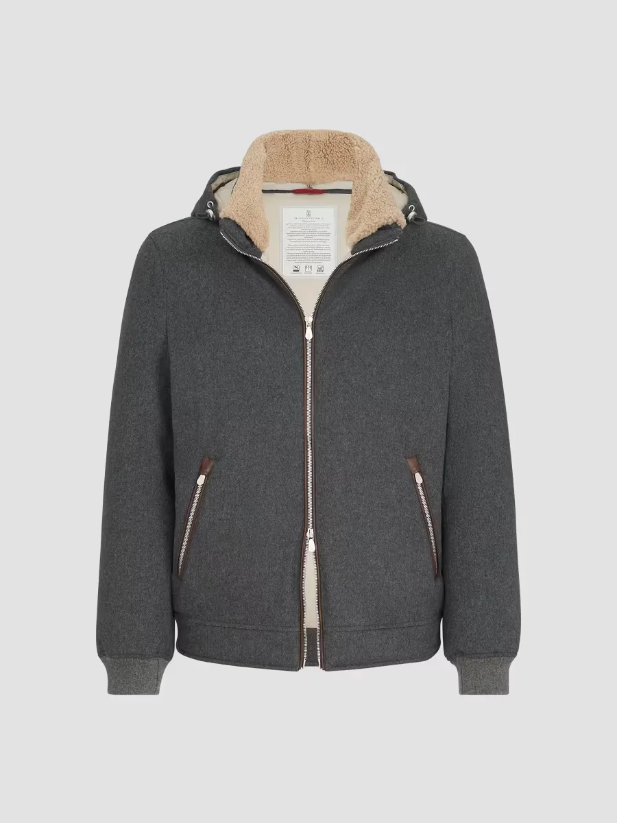 Bonded Wool Flannel Down Jacket with Detachable Hood by Brunello Cucinelli