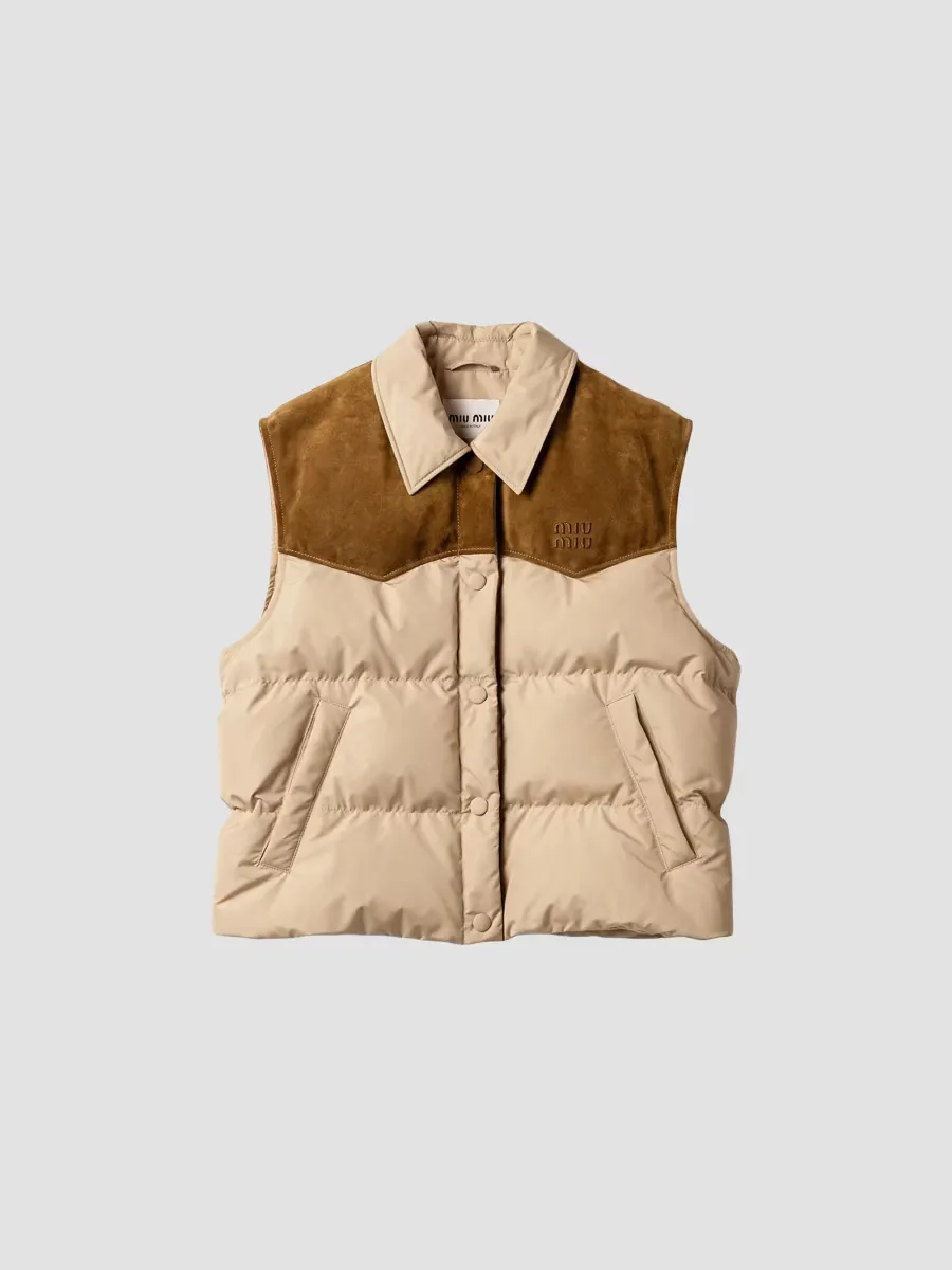 Technical Pong and Leather Down Vest by Miu Miu