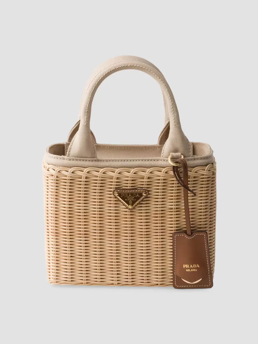 Small Wicker and Canvas Top Handle Bag by Prada