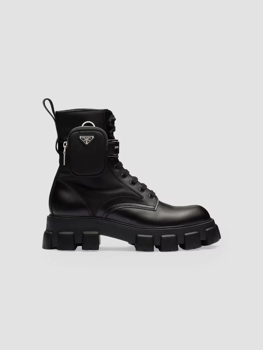 Monolith Brushed Leather and Re-Nylon Boots with Pouch by Prada