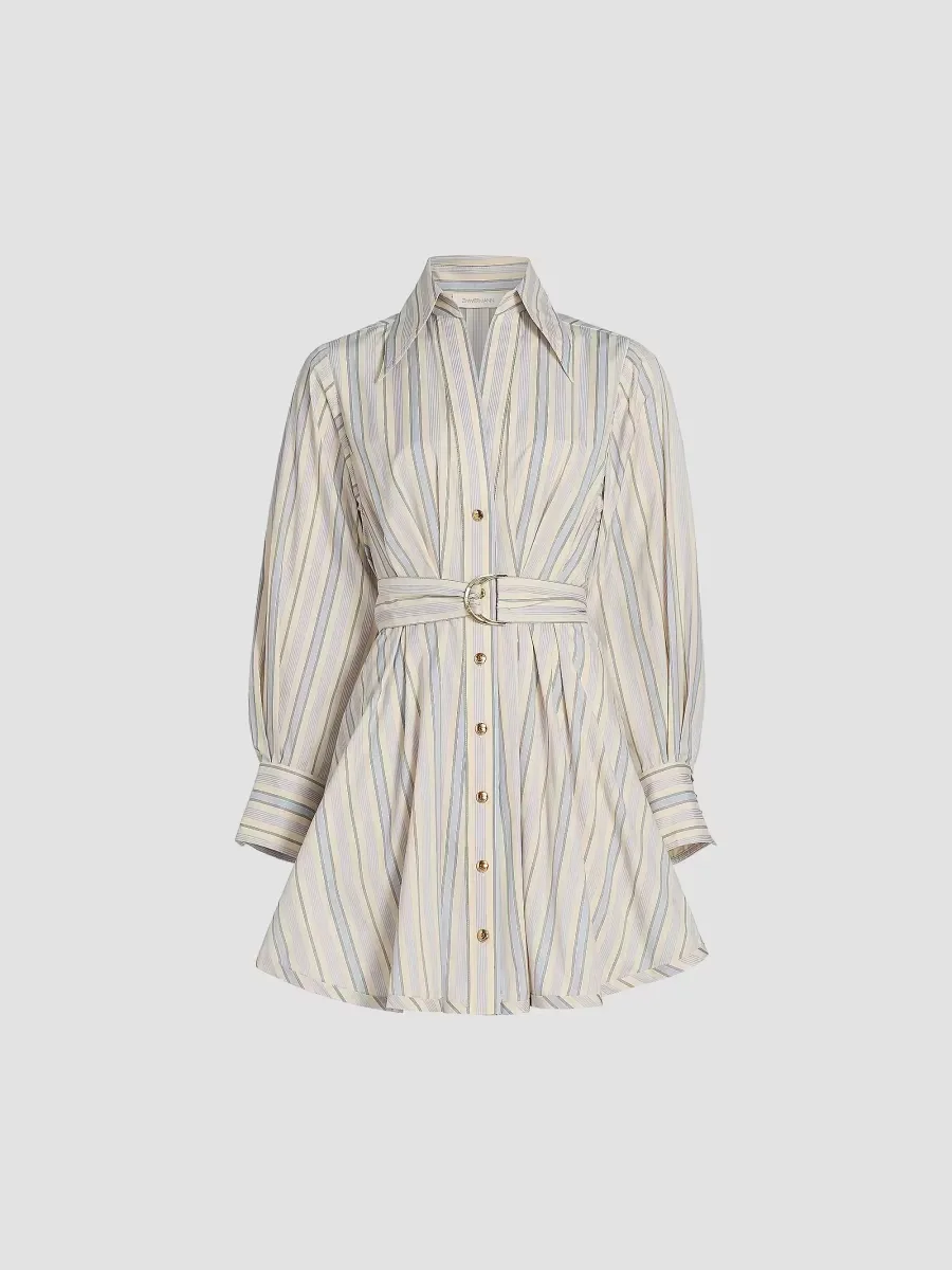 Striped Tuck Mini-Shirtdress