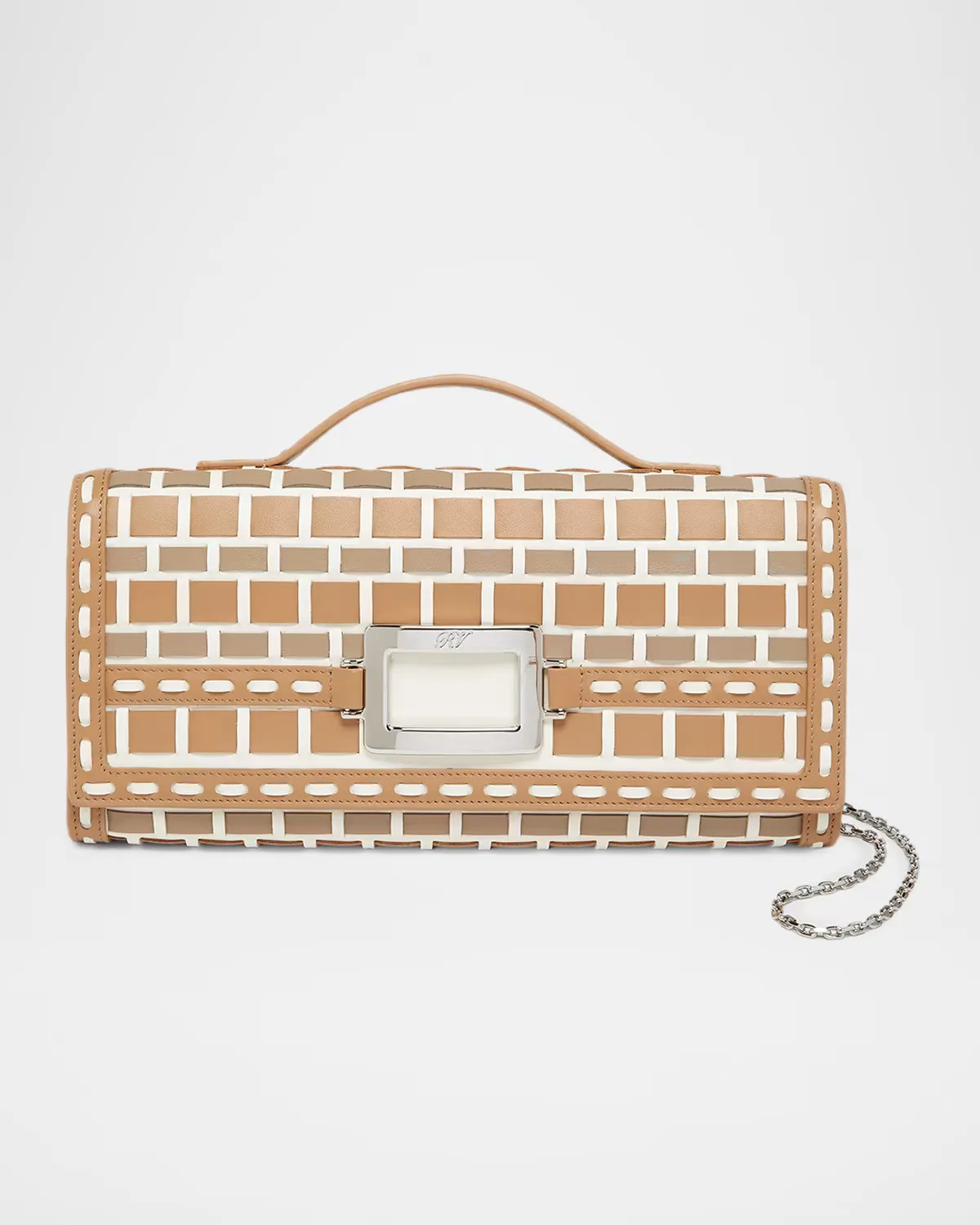 Belle Vivier Leather-Woven Clutch Bag