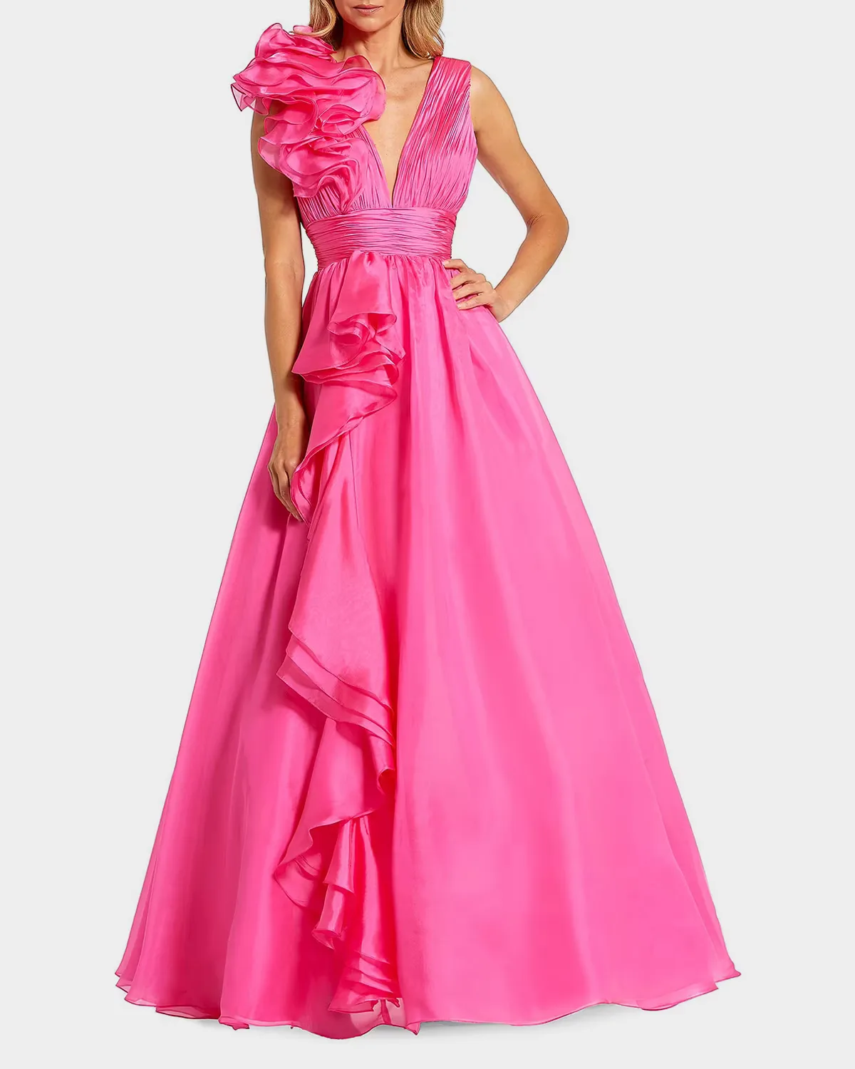 Sleeveless Deep V-Neck Ruffle Gown by M.A.C.