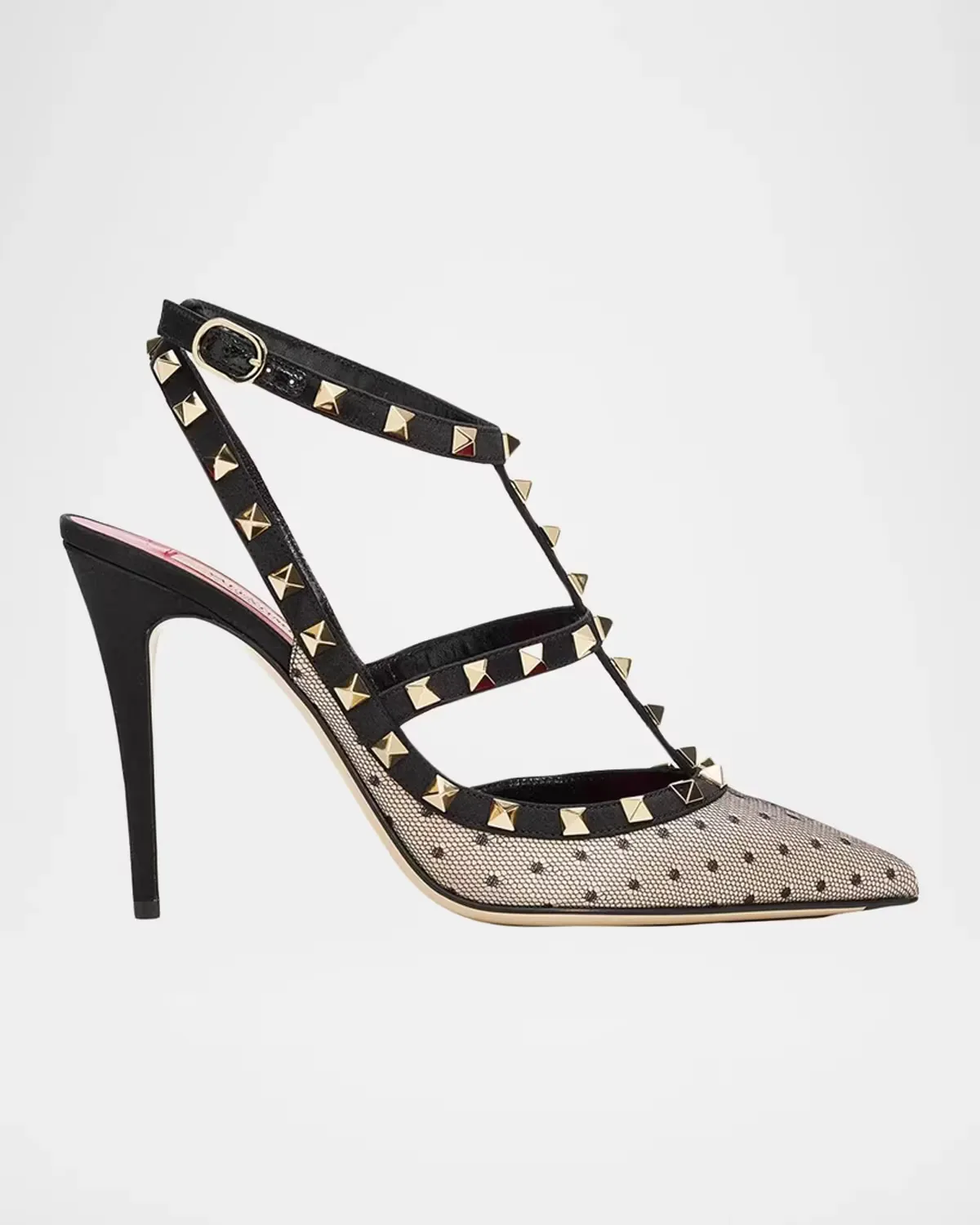100mm Rockstud Polka-Dot Mesh Ankle-Strap Pumps