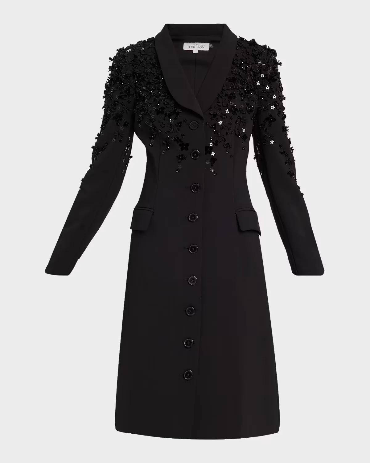 Shawl-Collar Floral Applique Coat Dress by Teri Jon