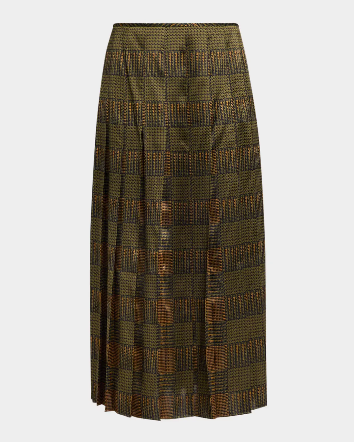 Pleated Glen Plaid-Print Silk Midi Skirt by Lafayette 148 New York