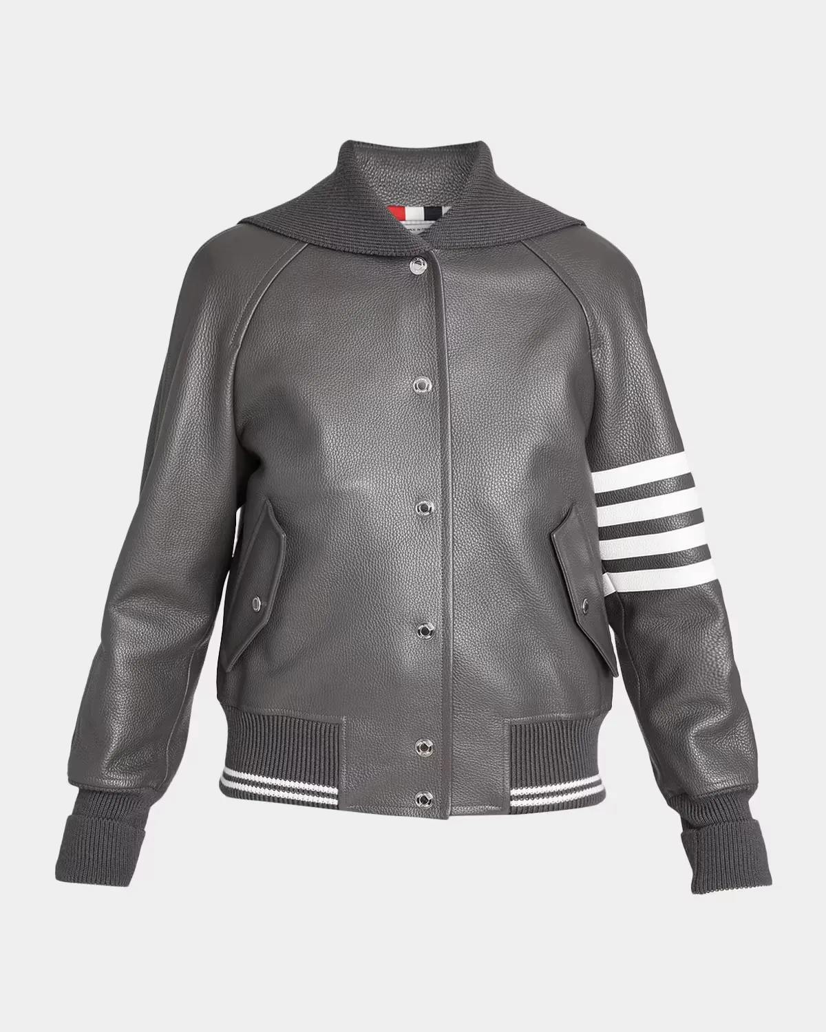 Sailor Collar Leather Varsity Jacket by Thom Browne