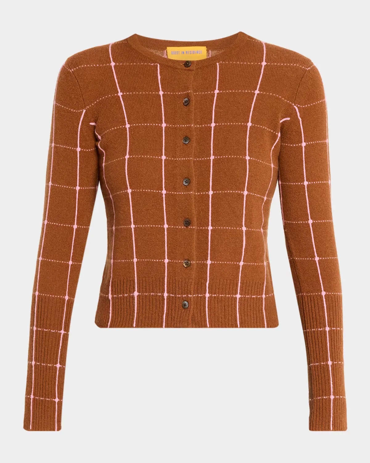 Jane Windowpane Cashmere Crewneck Cardigan by Guest in Residence