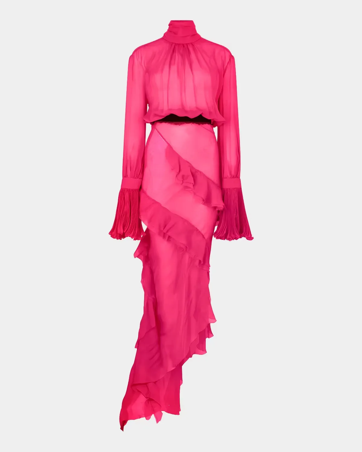 Turtleneck Ruffle Silk Chiffon Asymmetric Midi Dress by Roberto Cavalli