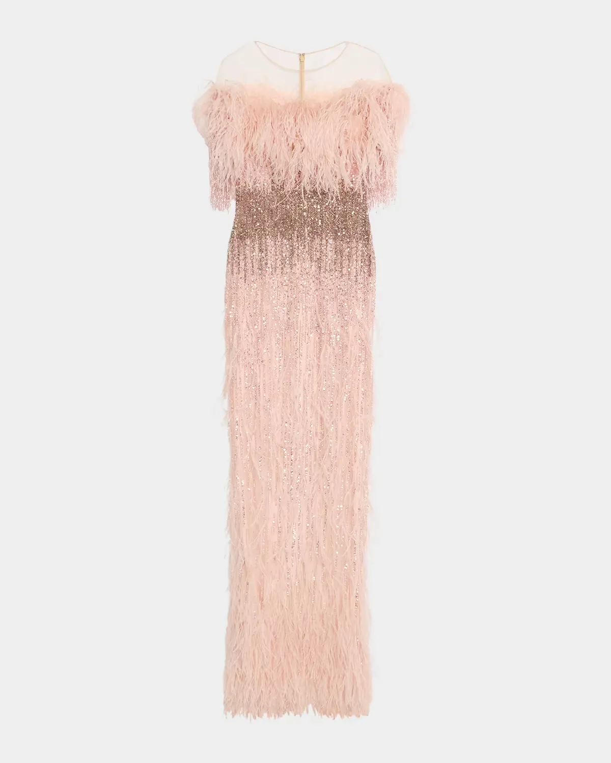 Feather Beaded Off-The-Shoulder Illusion Column Gown by Pamella Roland