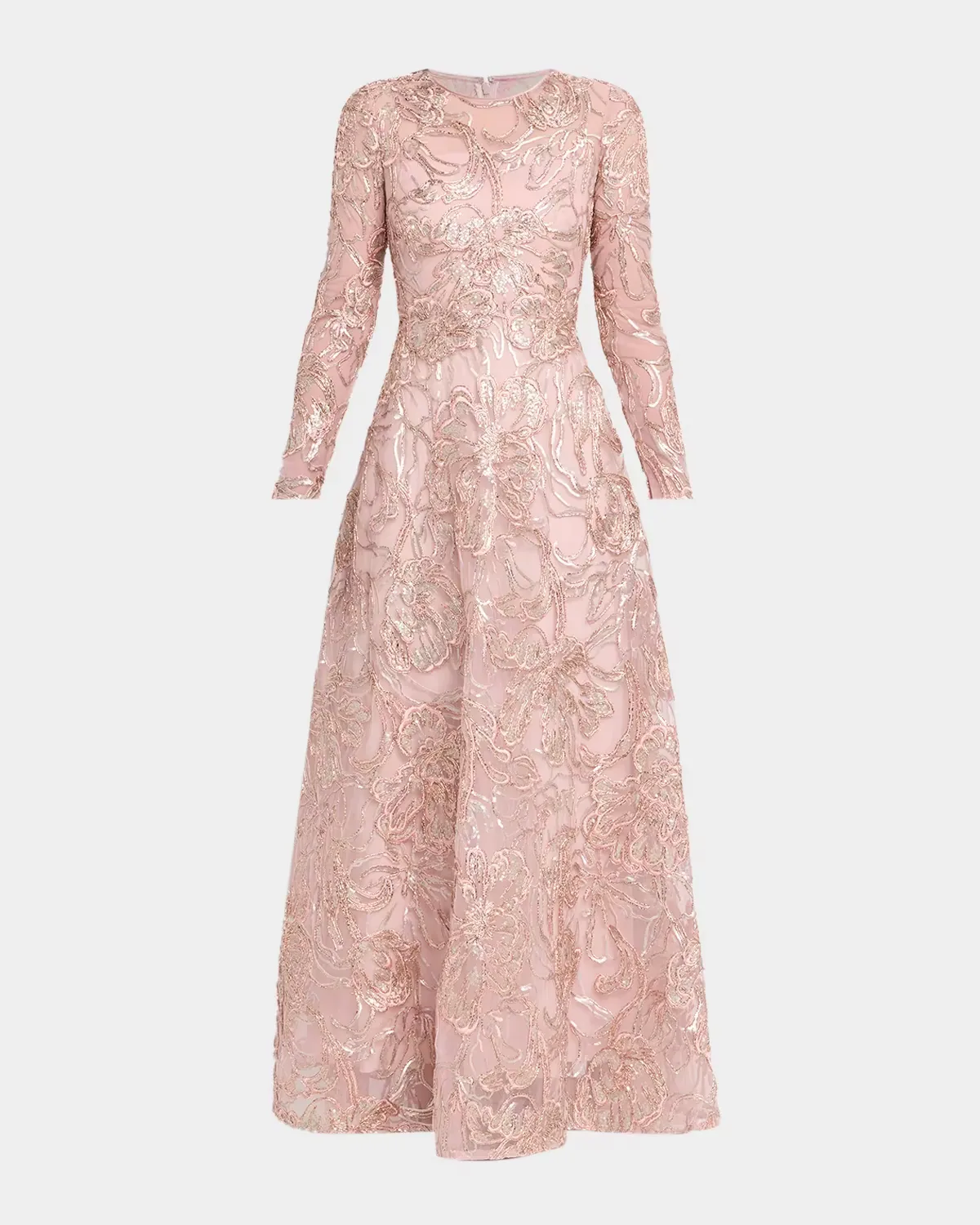 Metallic Raffia Floral Embroidered Long-Sleeve Gown by Pamella Roland
