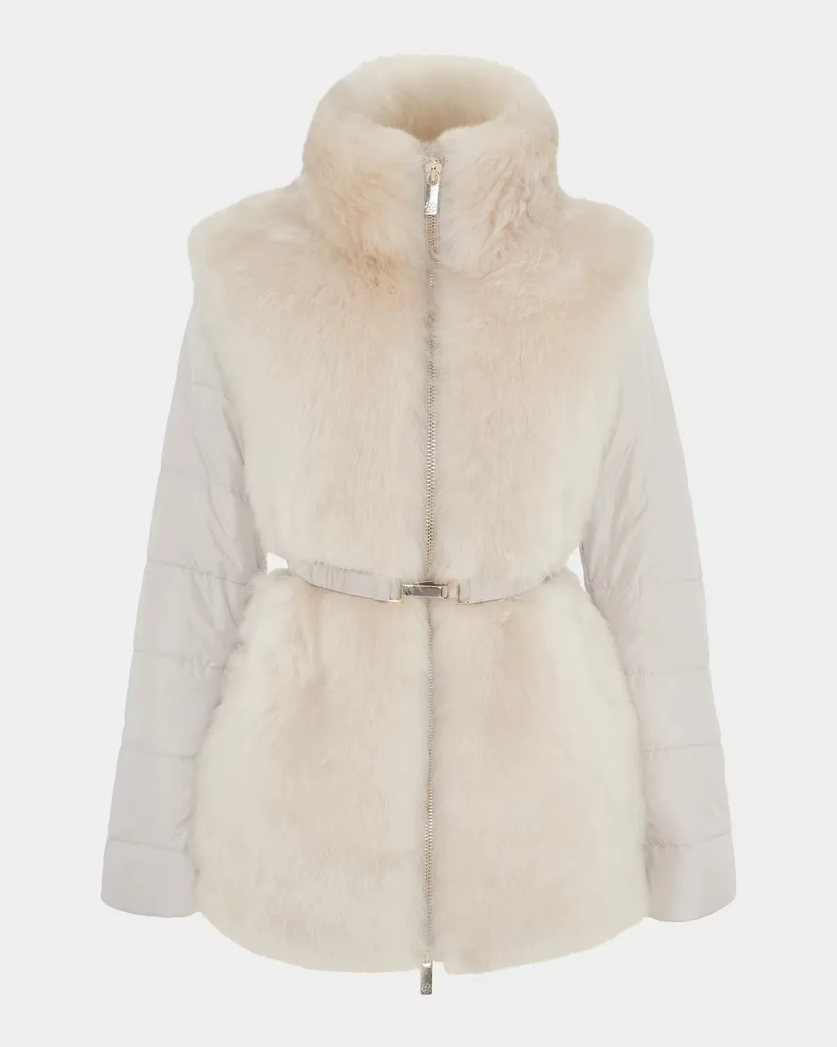 Select Lamb Shearling Belted Jacket with Quilted Sleeves and Back by Gorski
