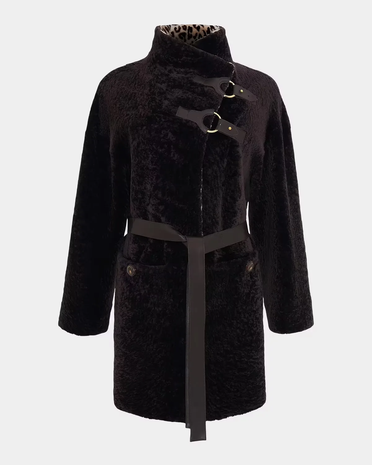 Belted Stand-Collar Shearling Coat by Gorski
