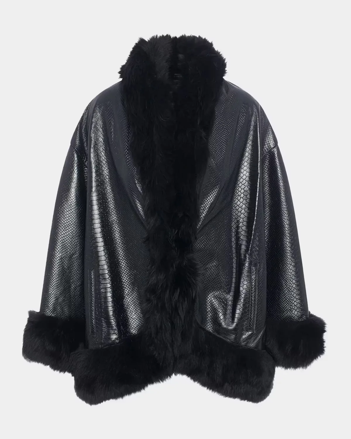 Python Embossed Leather Coat with Merinillo Lamb Shearling Trim by Gorski