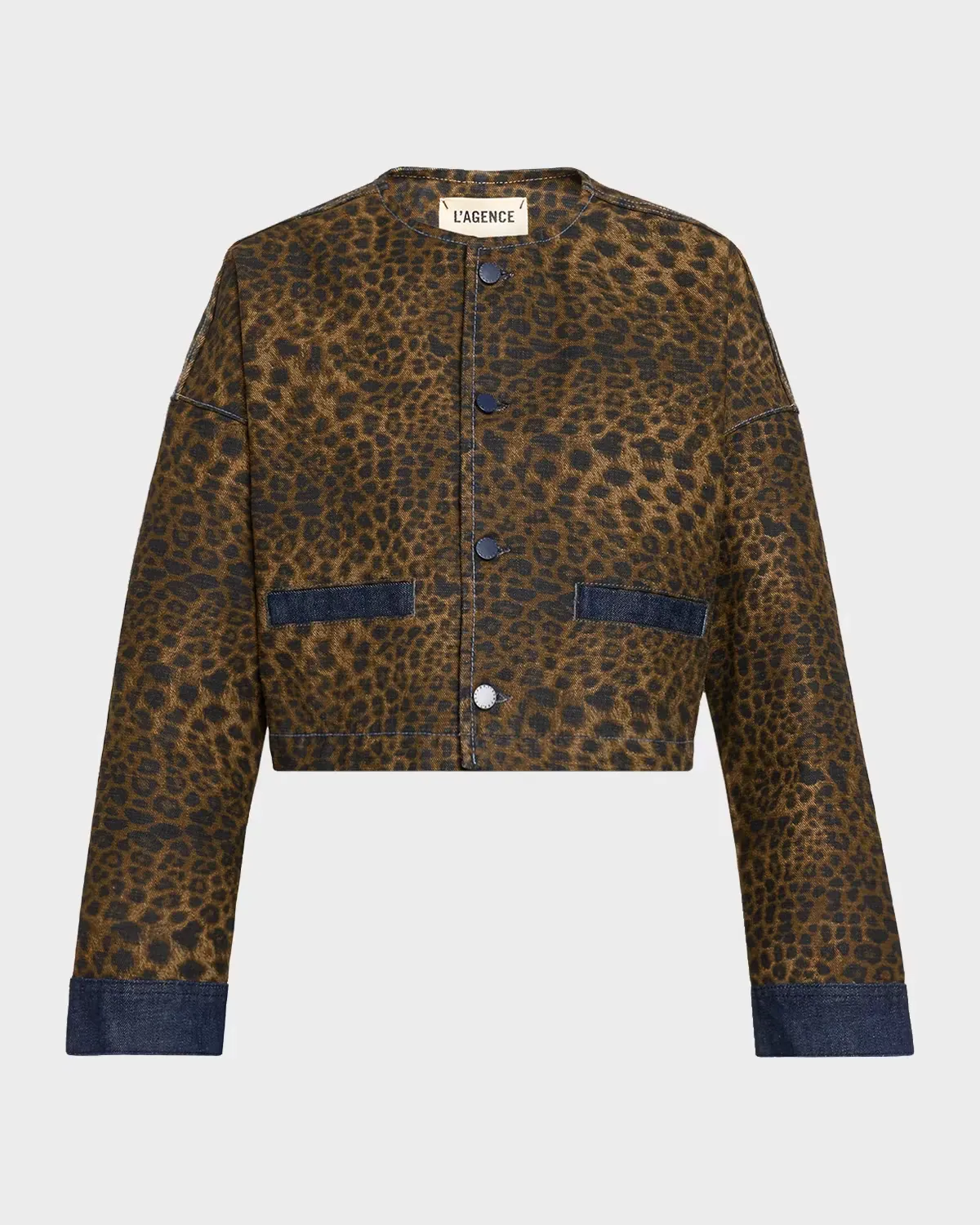 Verona Leopard-Print Crop Denim Jacket by L & apos;AGENCE