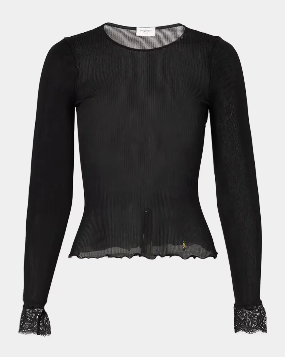 Lace Trim Wool-Cashmere Rib Jersey Long-Sleeve Top by Saint Laurent