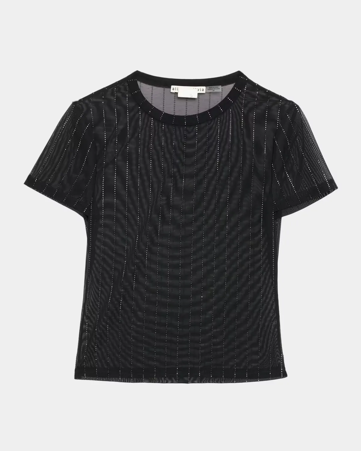 Tess Pinstripe Embellished Mesh Short-Sleeve Top by Alice + Olivia