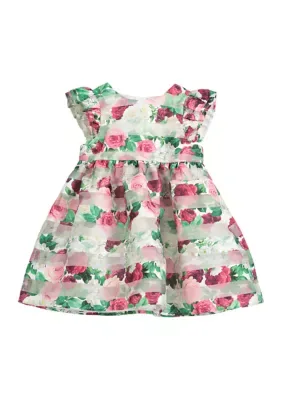 Organza Striped Floral Printed Dress with Diaper Cover by Pastourelle