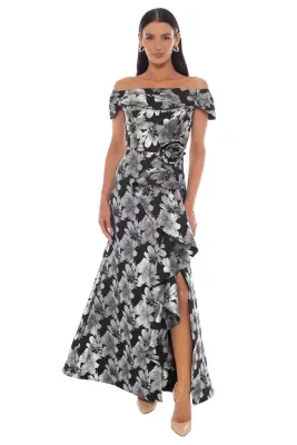 Drape Off the Shoulder Brocade Maxi Dress by Oleg Cassini