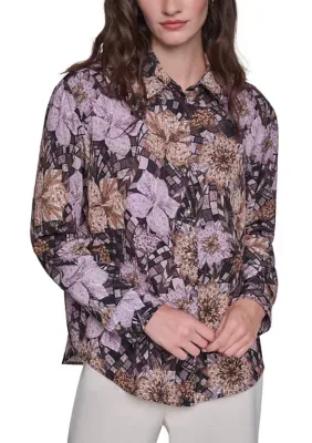 Long Sleeve Floral Button Front Blouse by Karl Lagerfeld