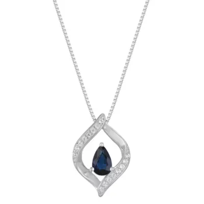 Sapphire Open Teardrop Pendant with Accents in 10K White Gold 18 In by Gemminded