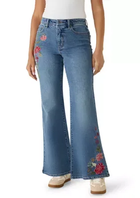 High Rise Embroidered 70s Flare Jeans by Wonderly