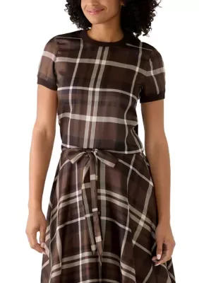 Short Sleeve Crew Neck Plaid Mixed Media Top by Tahari