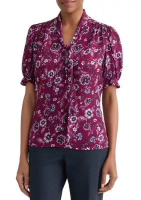 Short Sleeve Tie Neck Floral Blouse by Jones New York