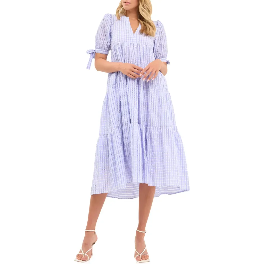 Gingham Tiered Midi Dress by English Factory