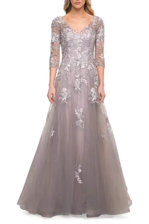 Elegant A-Line Gown with Lace Applique and V Neck