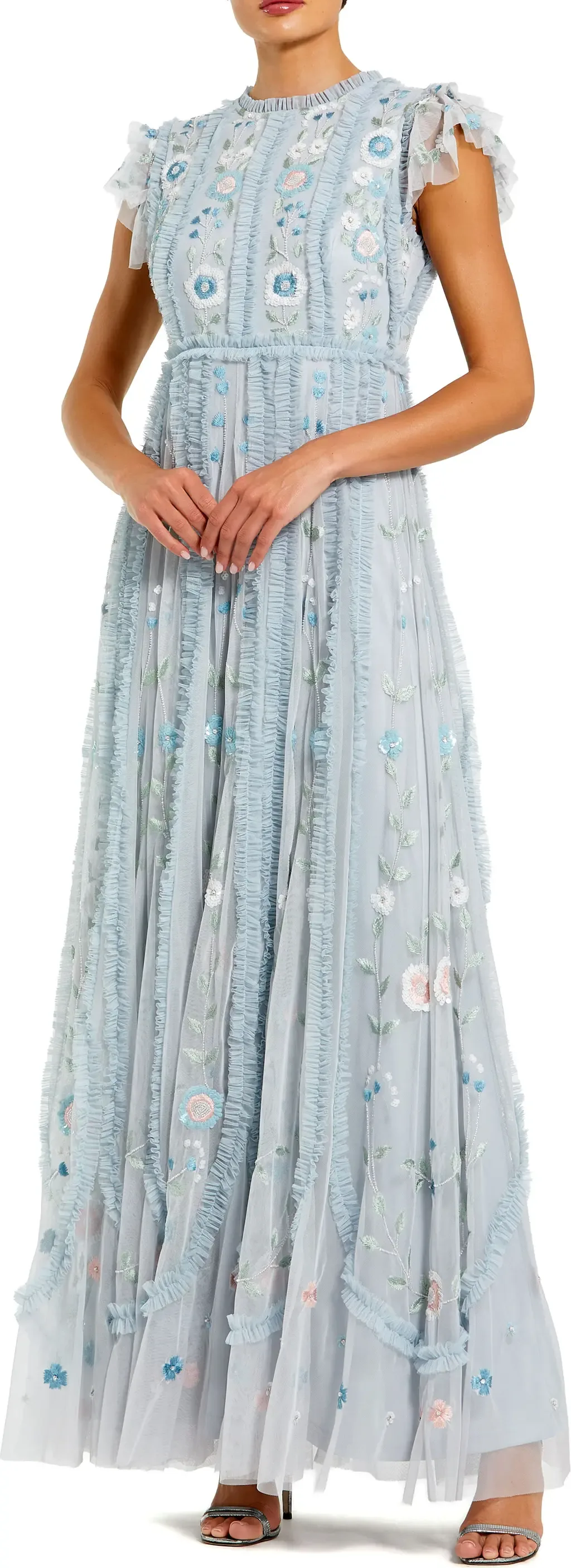 Floral Embroidered Flutter Sleeve Maxi Gown